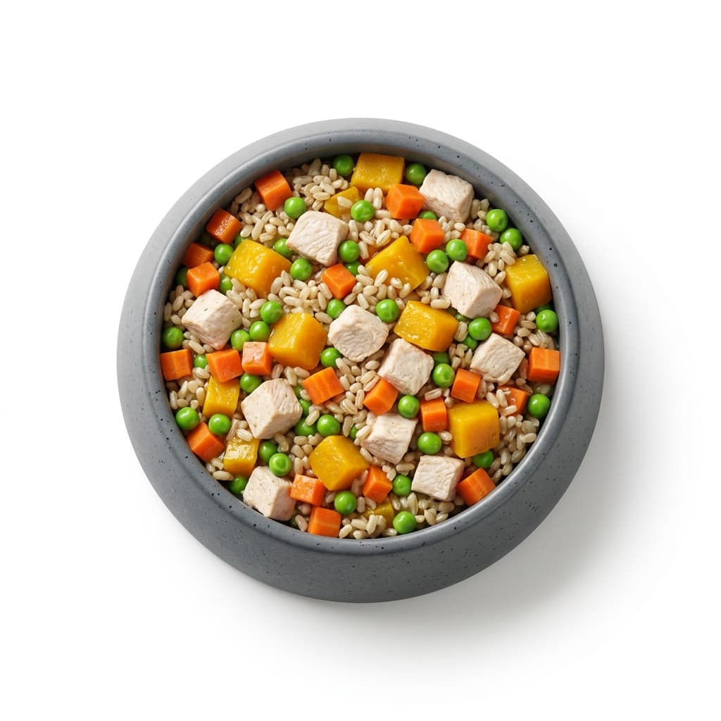 Freshly cooked dog food bowl with real ingredients