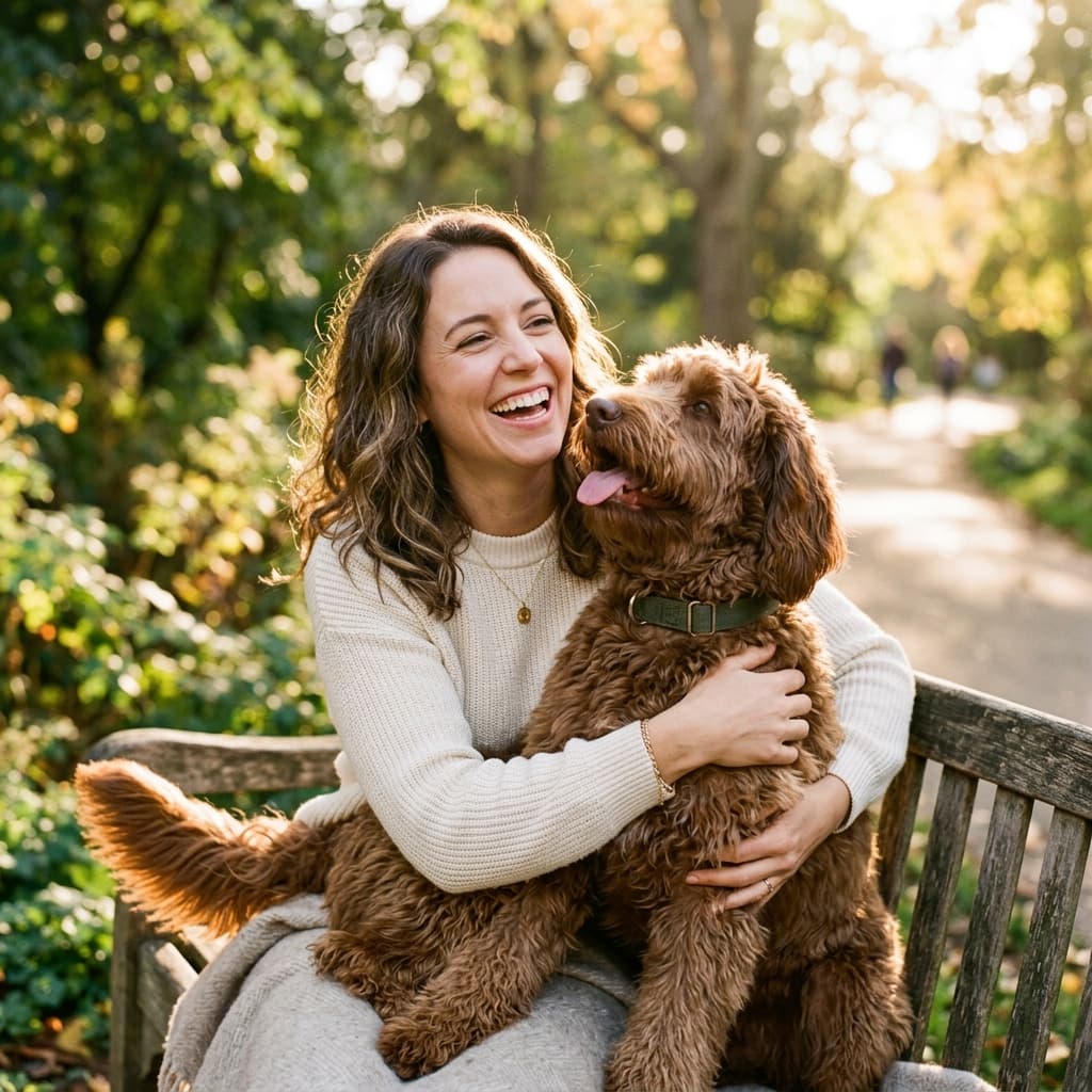 Dog owner hugging happy dog